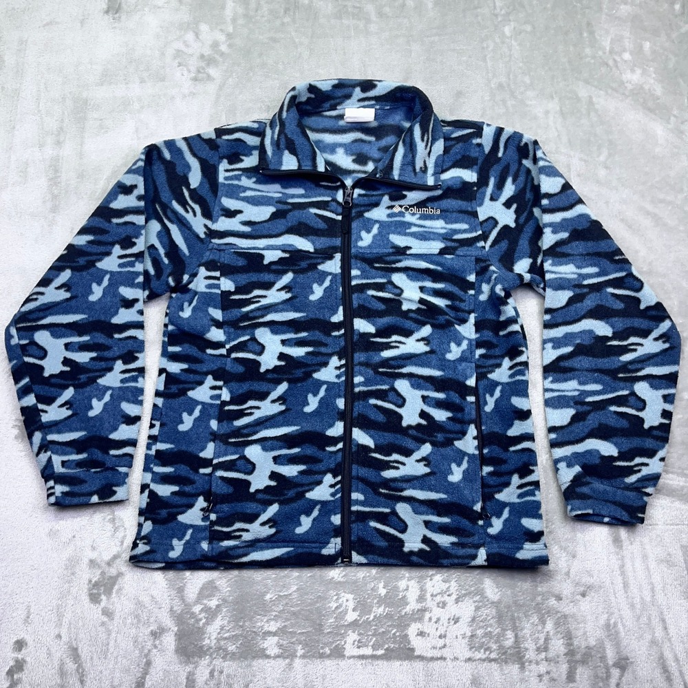 Columbia Blue Camo Fleece Jacket Full Zip Up Girls Size 14/16‎ Boho Gorpcore